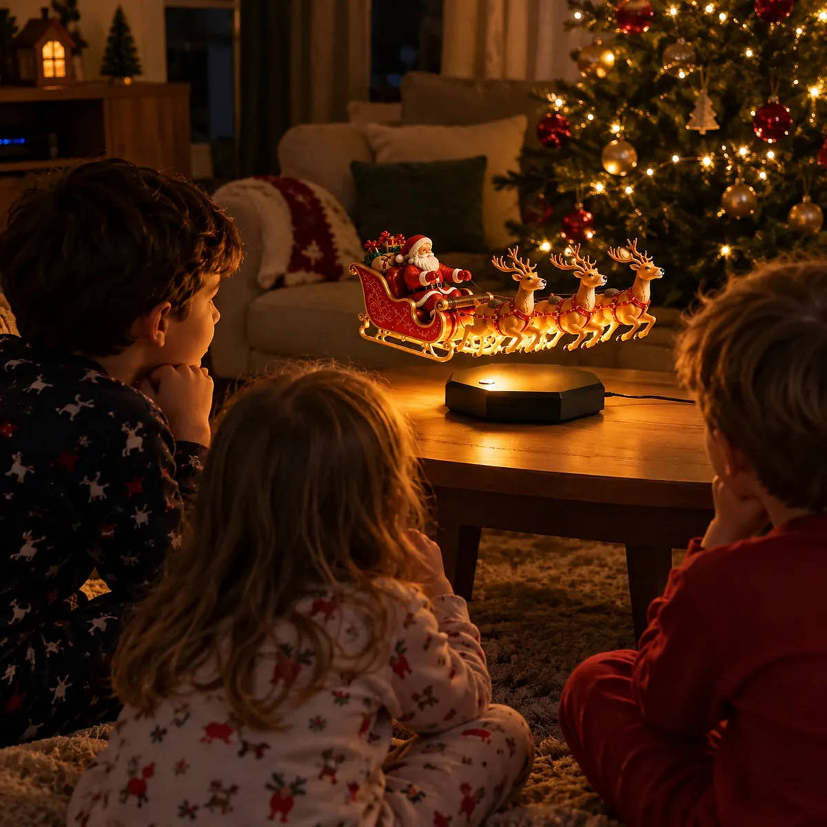Foto illustrativa: Bambini guardano la slitta di Babbo Natale fluttuare in salotto, la sera di Natale.