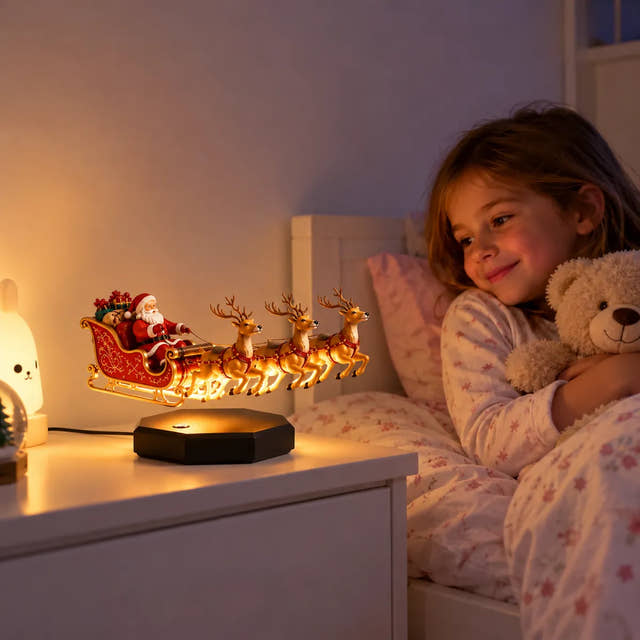 Babbo Natale e le sue 3 renne, sospesi in aria.